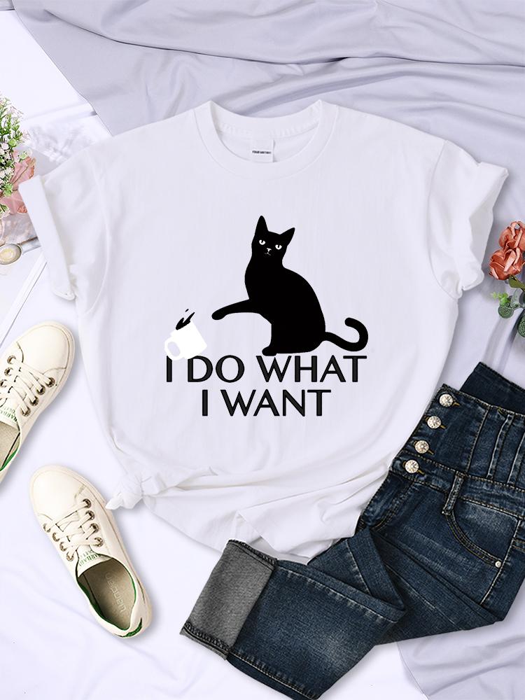 Černá kočka Dělám, co chci Nápis Dámská trička Módní Měkké Kreativní Krátký rukáv Vintage Ležérní Prodyšné Dámské tričko Oblečení
