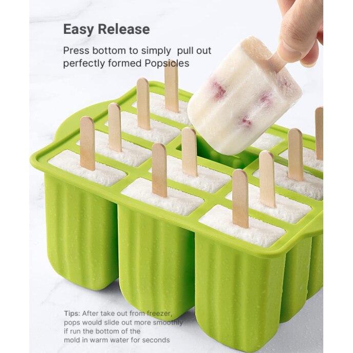 Silicon Ice Pop Molds, Klenzo 12-Cavity Ice Cream Mold, Reusable Popsicle Maker, BPA-Free, Green Dental Floss Shape