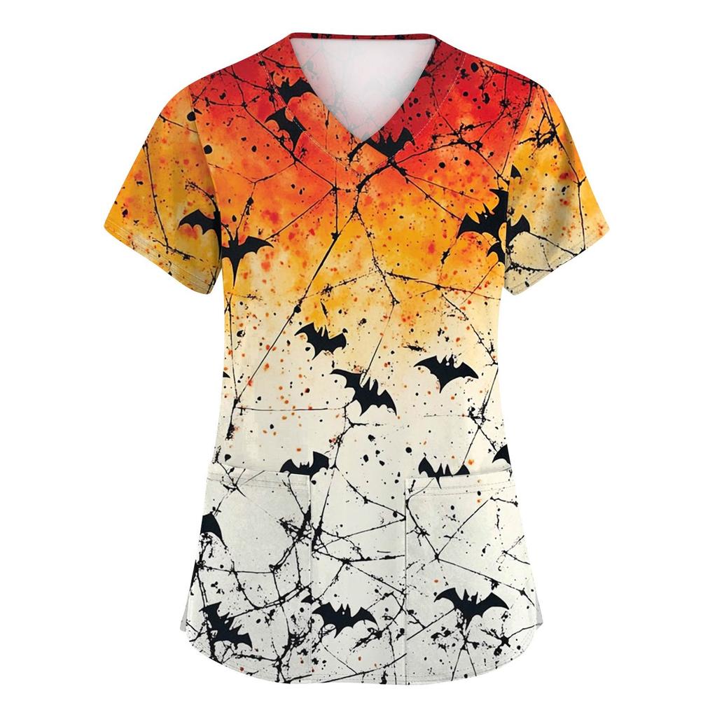 Women's Fashion V-neck Short-sleeved Work Uniform With Pockets, Halloween Print Top