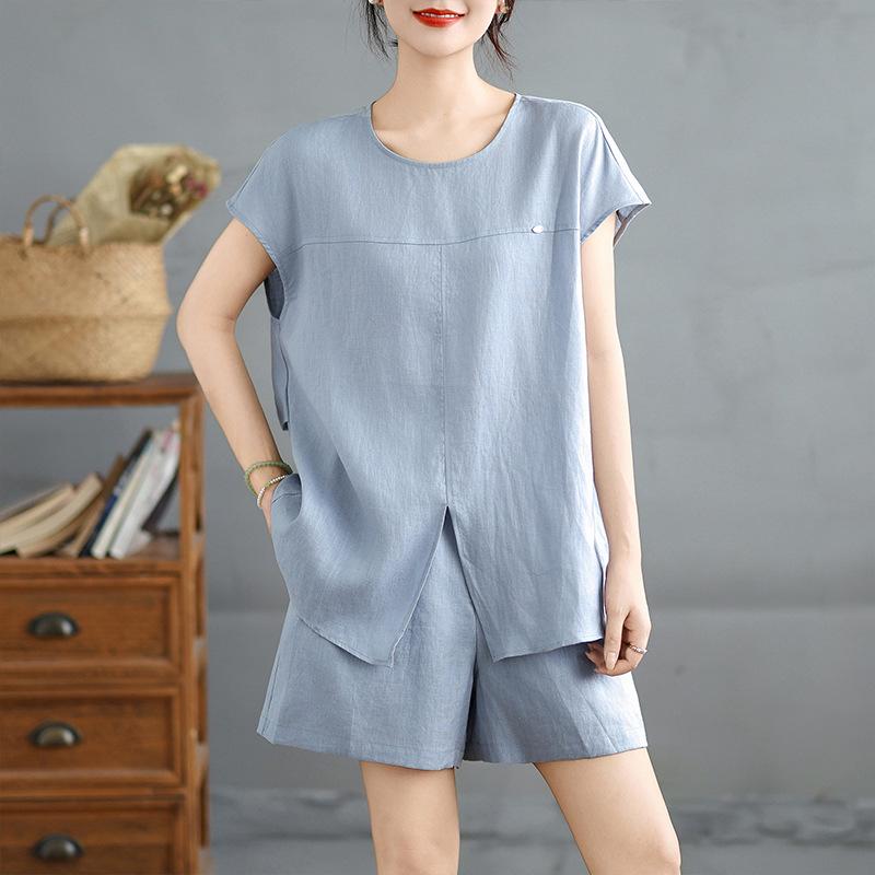 

European Summer Flutter Sleeve Cotton Linen Vest & Elastic Waist Shorts Set for Women Large светло-синий