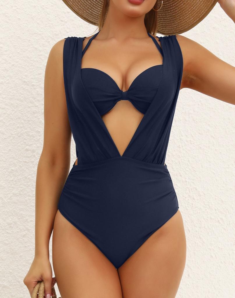 Women's Swimsuit Solid Color Deep V Hard Cup Backless Halter Neck Bikini Split Set Beachwear Bathing Suits