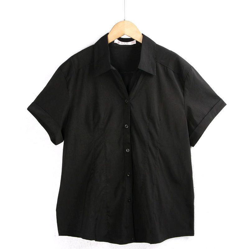 

Lapel Single Breasted Black and White Simple Graceful Short Sleeve Shirt Pure Black M
