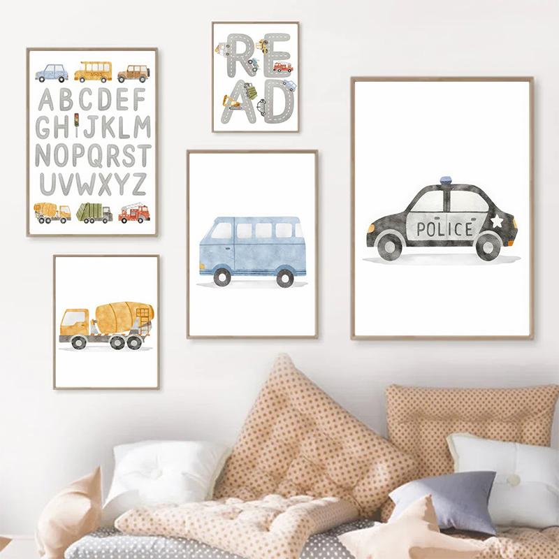 Alphabet Taxi Fire Truck Bus Wall Art Posters Prints Picture Nordic Kids Room Cartoon Cars Canvas Painting Nursery Bedroom Decor