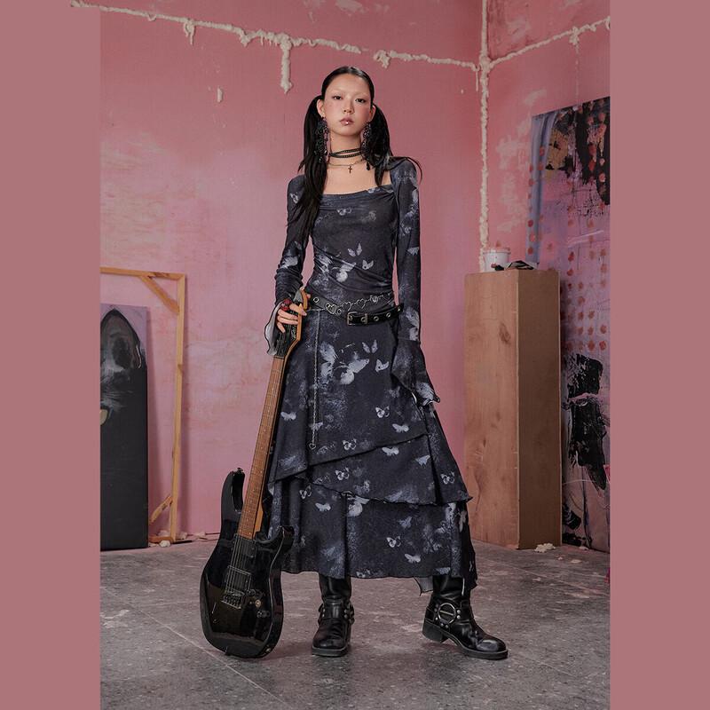 

UNIFREE Vintage Butterfly Ombre Square Neck Maxi Dress M