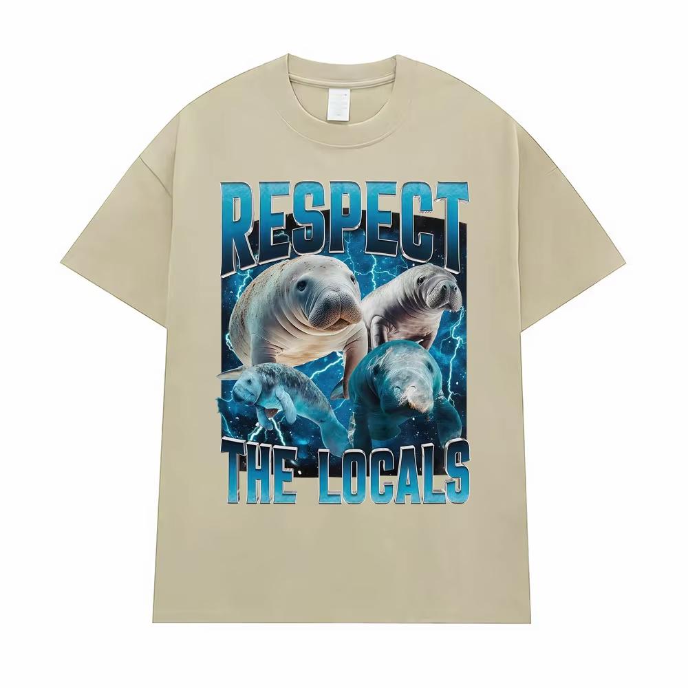 2026 Respect The Locals Wildlife Graphic T Shirt Funny Retro Manatee Meme Tee Shirt Men Women Casual Cotton Short Sleeve