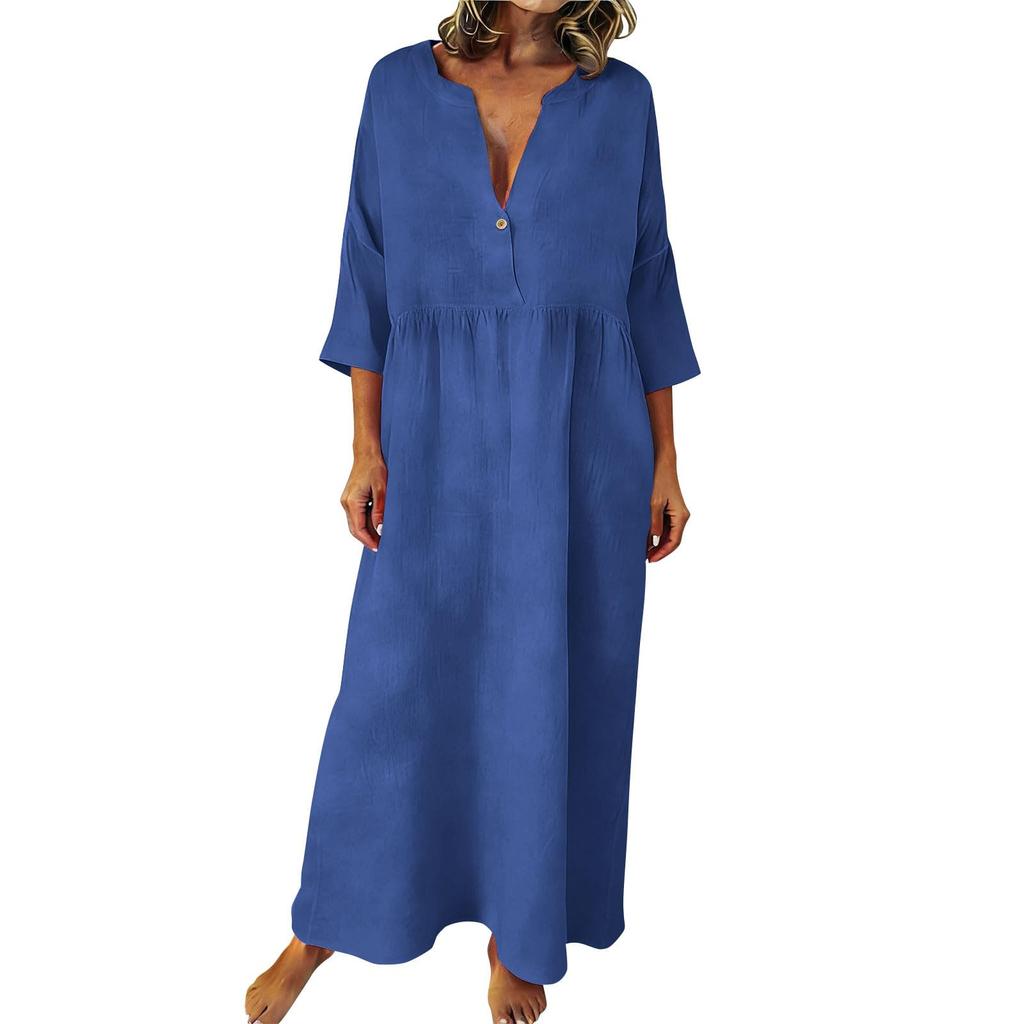 Women's Fashionable Cotton-Linen Long Dress Loose-Fit Casual V-Neck Plus Size Dress