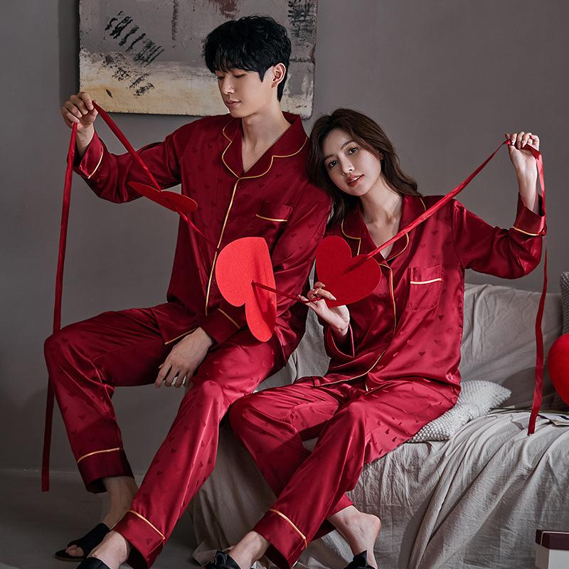 Couple’s Red Wedding Pajama Set Long Sleeve Top and Pants Newlywed Bridal Sleepwear