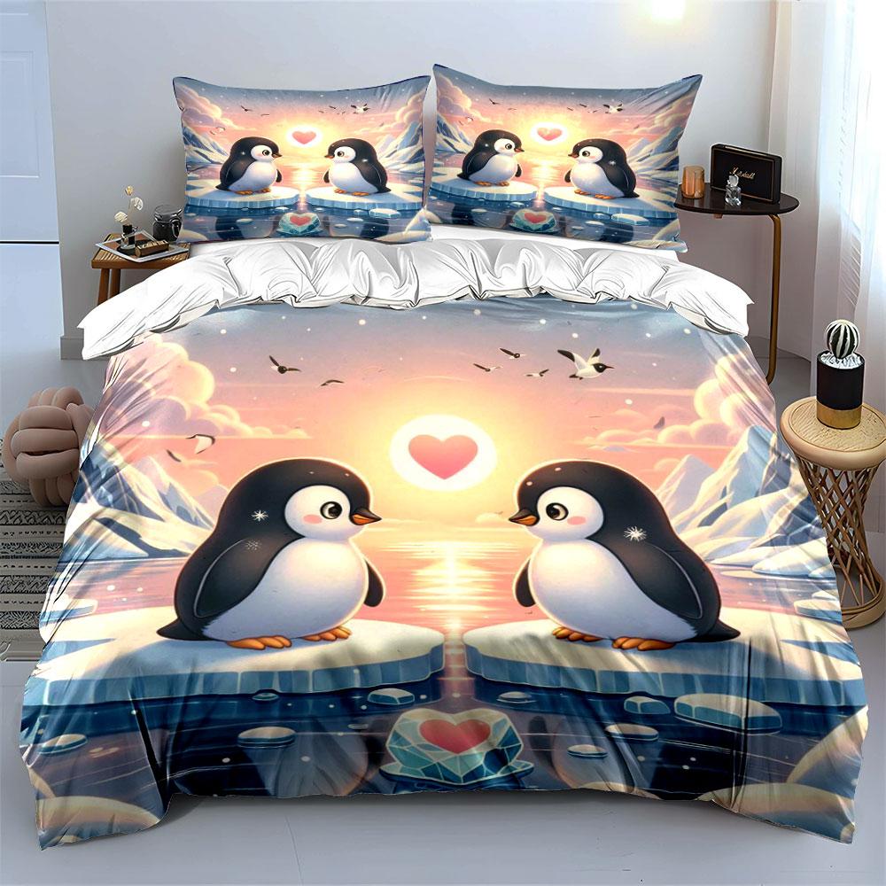 Penguins, icebergs, heart symbol. Bedding sets Duvet cover sets Duvet covers Pillowcases(1*Duvet Cover 2*Pillowcases without duvet insert)