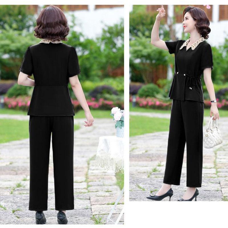 Solid Color Chiffon Suit Summer Office Lady Loose Casual Two-piece Short-sleeved Shirt + Loose Wide-leg Pants Summer