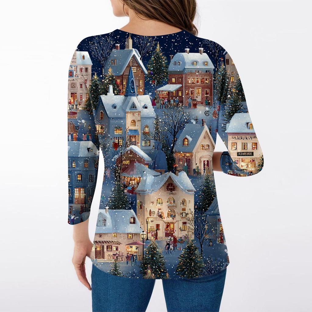 Women's Tops Three-quarter Sleeve Shirt V-neck Loose Casual Shirt Print T-shirt