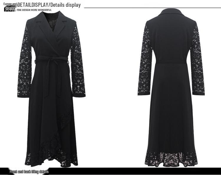 Black Hepburn-Style Patchwork Lace A-Line Dress - Plus Size, Mid-Length, Autumn/Winter Collection