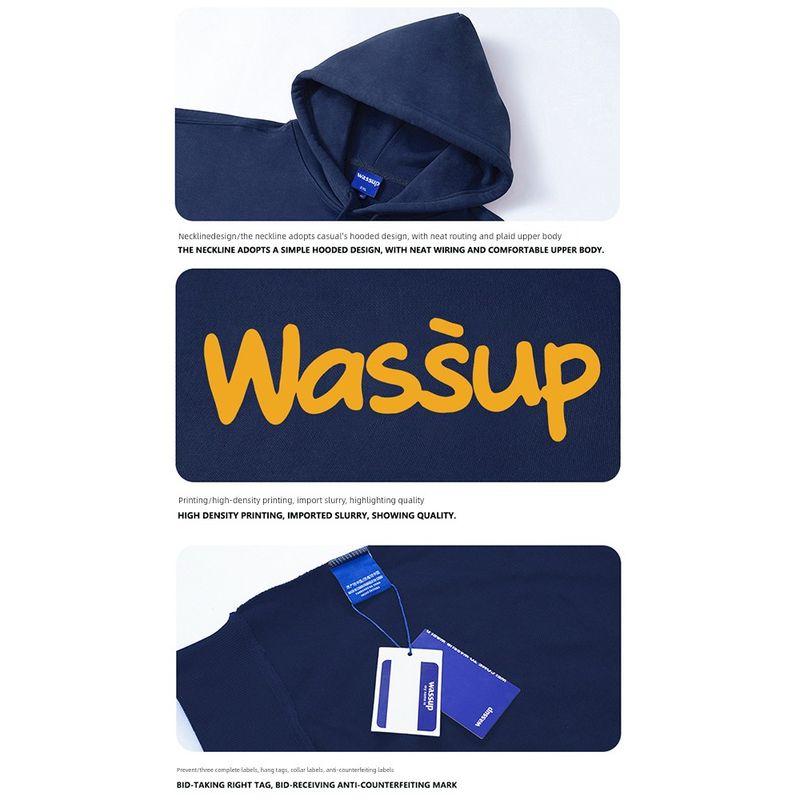 Wassup Letter Print Logo Sweatshirt Men's Hooded Autumn and Winter Fleece-Lined Loose Versatile Couple Pullover Top