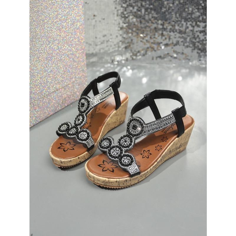 Women’s Wedge Sandals with Rhinestones, Peep Toe, Elastic Strap, Casual Beach Shoes, Large Size