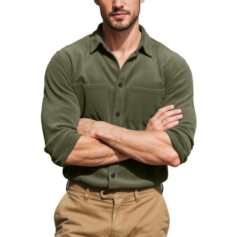 

2025 Casual Solid Color Corduroy Button Cardigan Jacket Solid Color Loose Pocket Work Shirt S зелёный