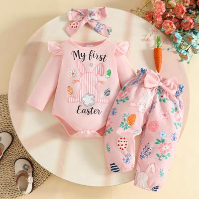 Spring Baby Girl Easter Set: Letter & Rabbit Print Long Sleeve Top, Colorful Egg Pants, Headband (3-Piece)