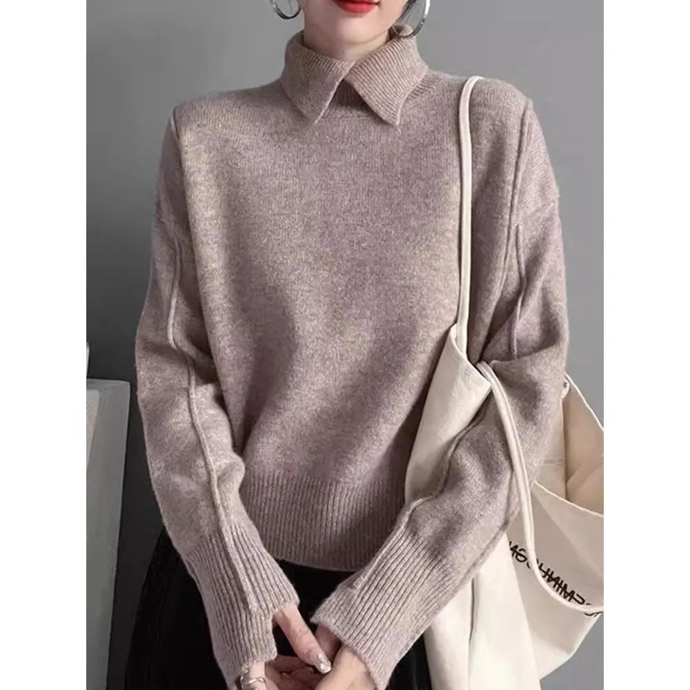 WTEMPO Women Casual Versatile Turn-down Collar Sweater Tops Office Lady Autumn Winter Large Size Solid Color Knitted Pullovers