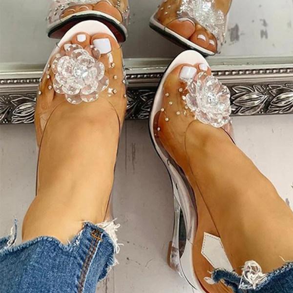 

Женские туфли для отдыха Прозрачные хрустальные туфли на высоком каблуке Босоножки с бриллиантовым наклонным каблуком Туфли для девочек в форме рыбьего рта Женские нарядные босоножки 35 белый