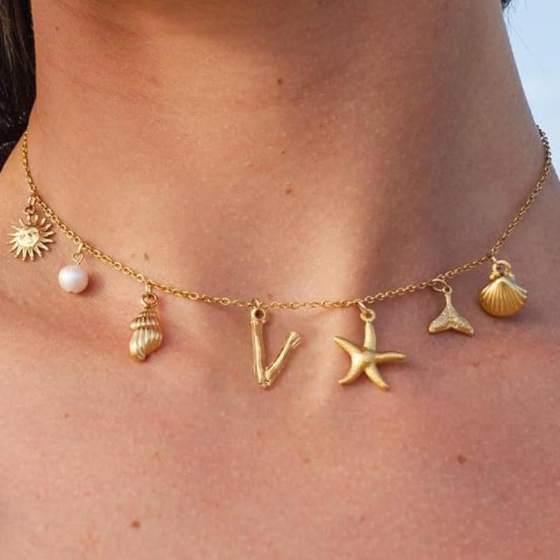 Charm Gold Color A-Z Pendant Alphabet Choker Necklace Women Shell Conch Starfish Initial Letter Necklaces Boho Beach Jewelry