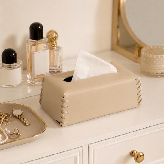 PU Leather Tissue Holder, with Hand-stitched Edges Design, Modern Style Smooth Paper Extraction Tissue Case for Home Office