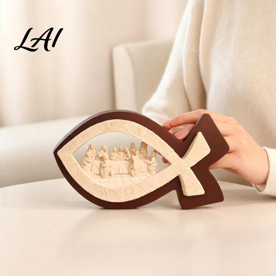 Religious Table Decor Fish Shape Last Supper Scene Statue Resin Sculpture Decorative Faith Unique Christian Gifts Art Ornament for Home Living Room