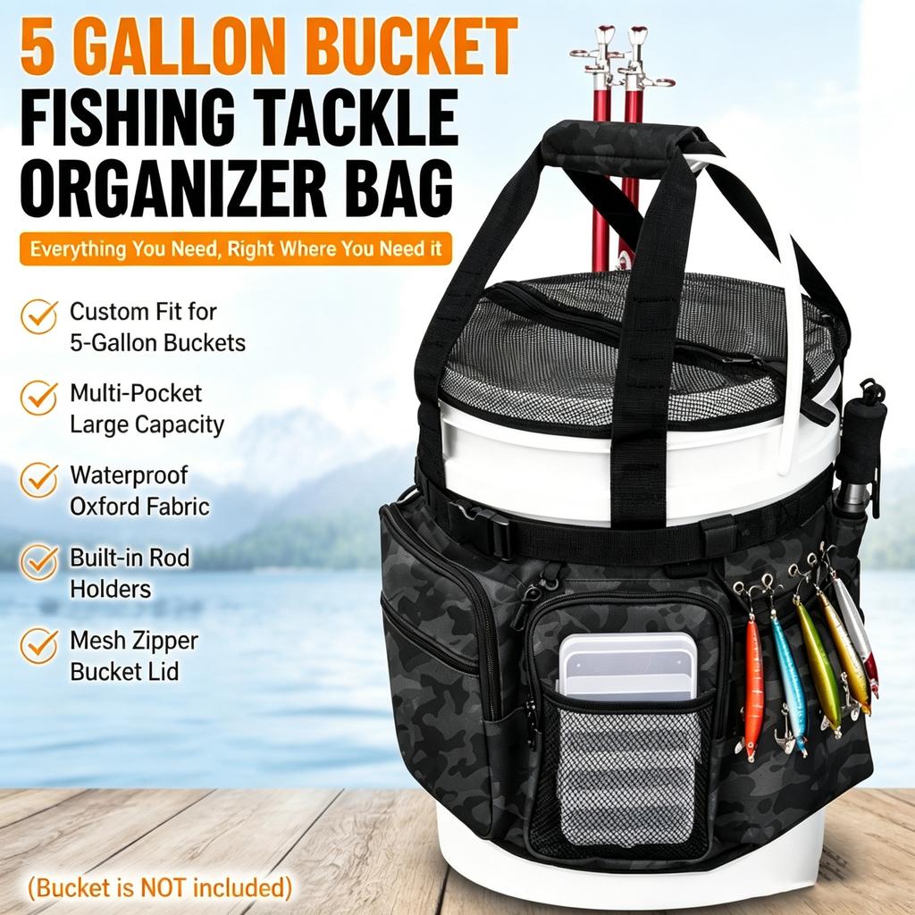 5 Gallon Bucket Fishing Tackle Organizer Bag Waterproof Oxford Storage Pouch Multi-Pocket Tool Bag for Outdoor Fishing Camping