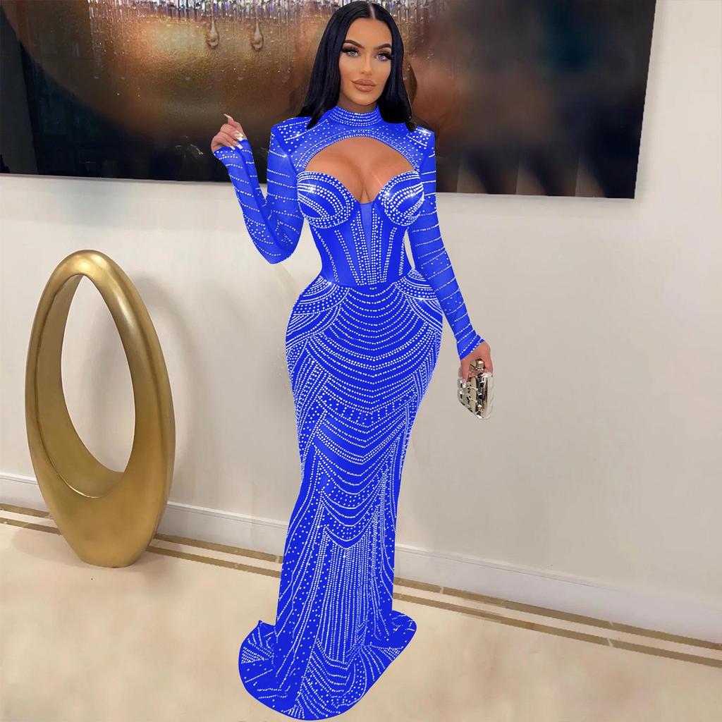 V-neck Long Sleeve Mesh Dress with Hot Drill Accents