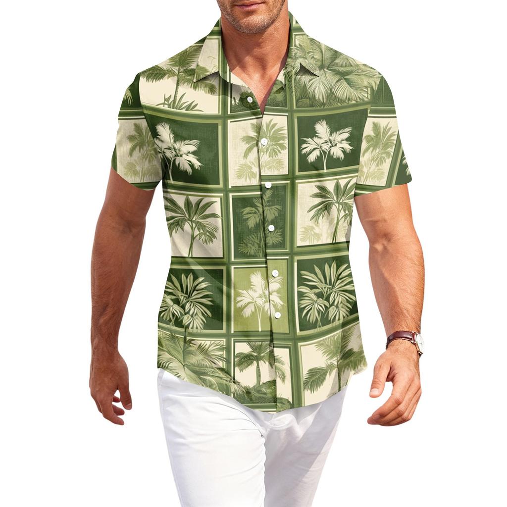 Men's Casual Loose Fit Short Sleeve Shirt Hawaiian Style Button Down Tropical Leaf Print Summer Beachwear Shirt