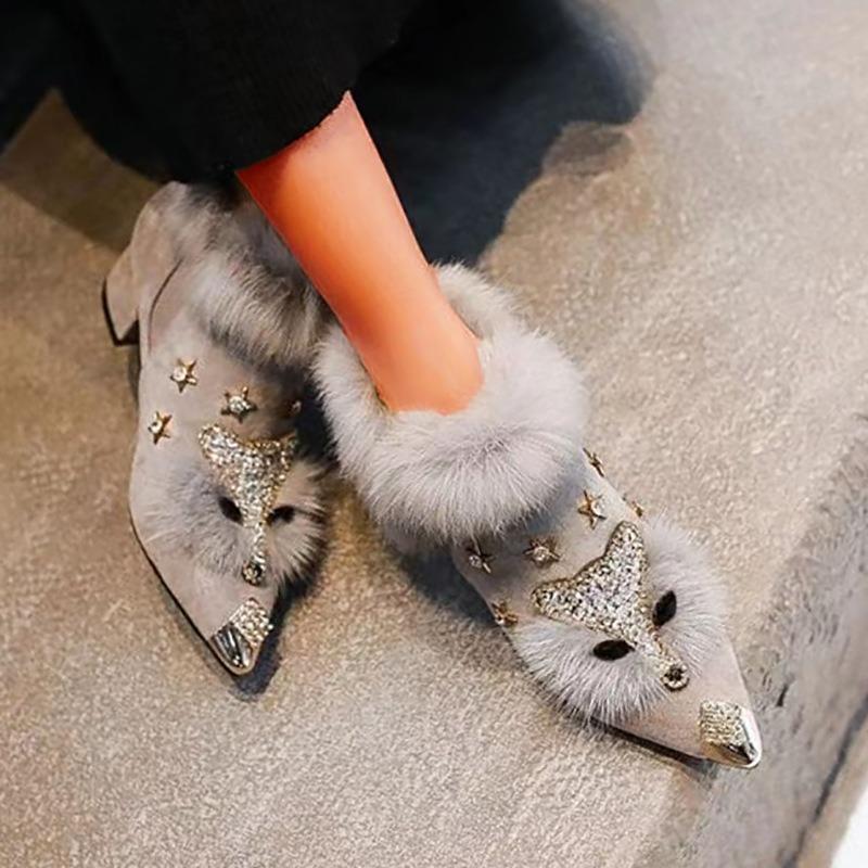 Pointed Head Hairy Shoes Women's Big Size Padded Thick Heel Thick Single Shoes Fall and Winter Warm Cotton Shoes