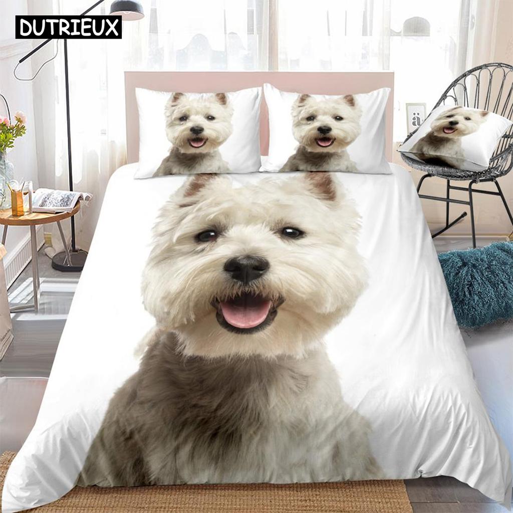 3D Dog Duvet Cover Set West Highland White Terrier Bed Set White Bedding Kids Boys Girls Cute Pet Quilt Cover 3pcs Dropship