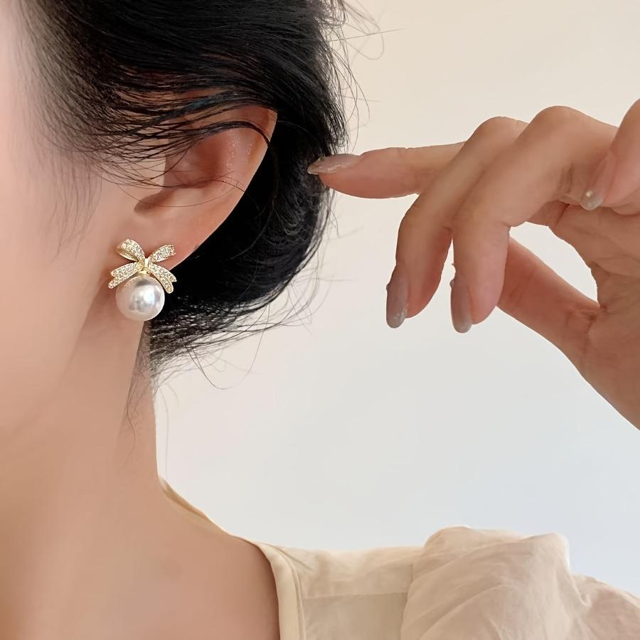 Chic And Shiny Faux Pearl Bow Earrings for Women - Luxury Jewelry for Weddings, Parties, Everyday Outings, Vacations, Valentine's Day, Anniversaries