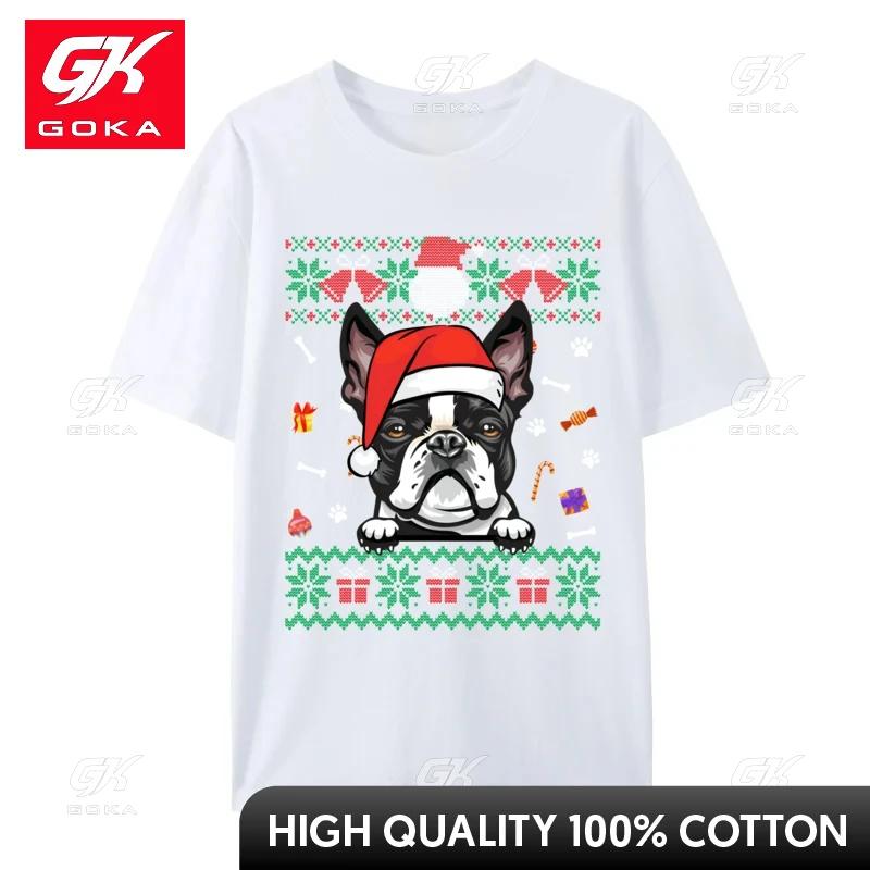 Cute Boston Terrier Dog Ugly Christmas Sweater Santa Hat Tshirt Unisex ShortSleeve Streetwear Cotton Harajuku Shirts