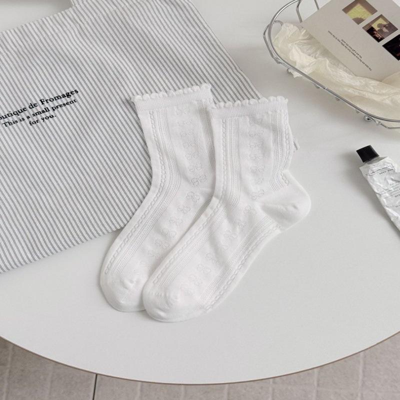 Women's Ballet-Style Mid-Calf Socks, Thin Hollow Mesh, Slouchy Korean JK Style, White Summer Socks
