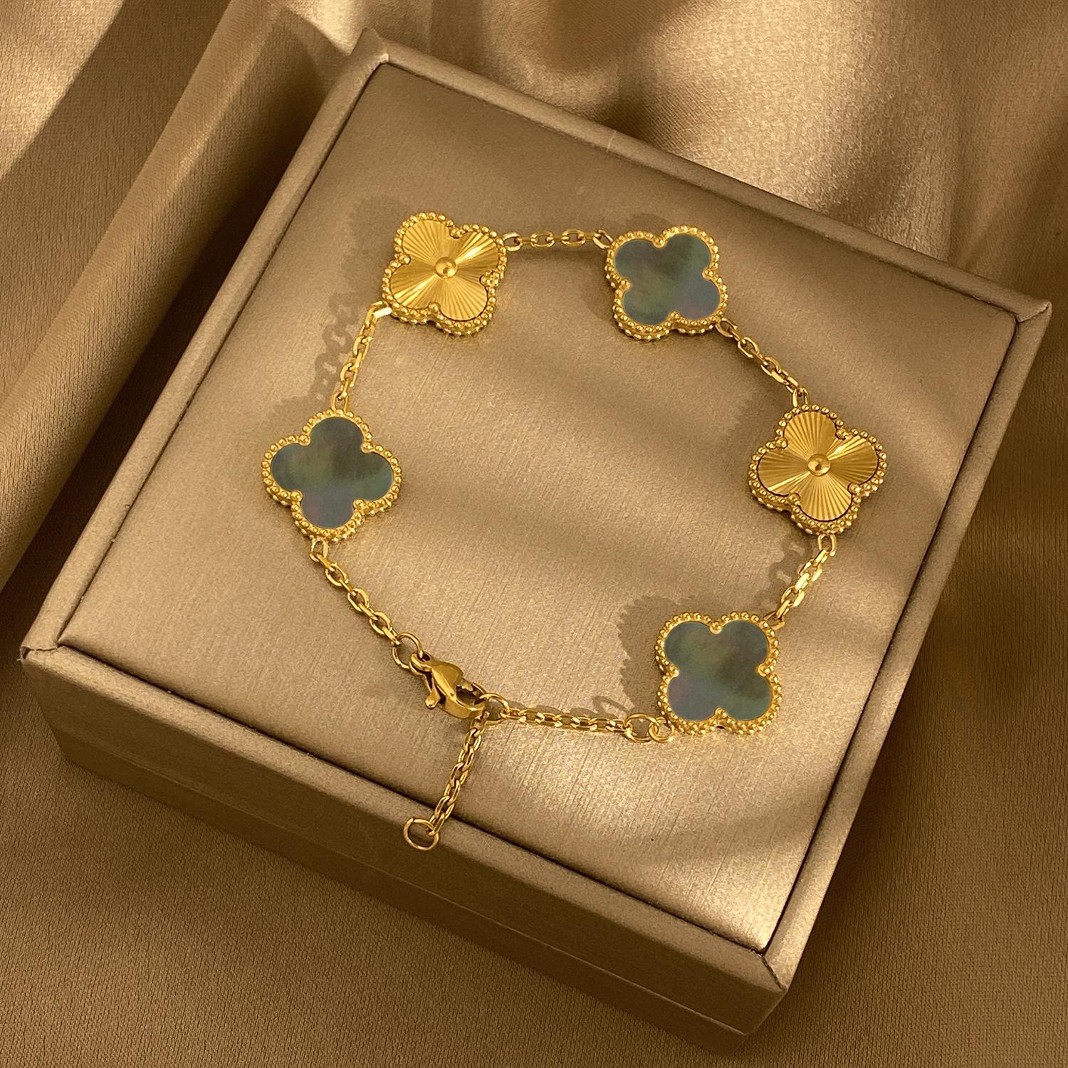 

Браслет из тонкого натурального настоящего перламутра 15 мм в виде четырехлистного клевера и пяти цветов, вакуумное толстое покрытие 18K из титановой стали