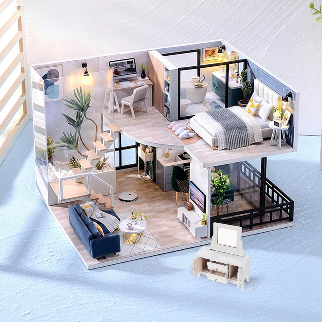 STOBOK Măsuță de toaletă pentru păpuși Mobilier în miniatură Mini comoda cu oglindă Jucărie Joc de rol Design rafinat Colecție de mobilier Display Miniatură