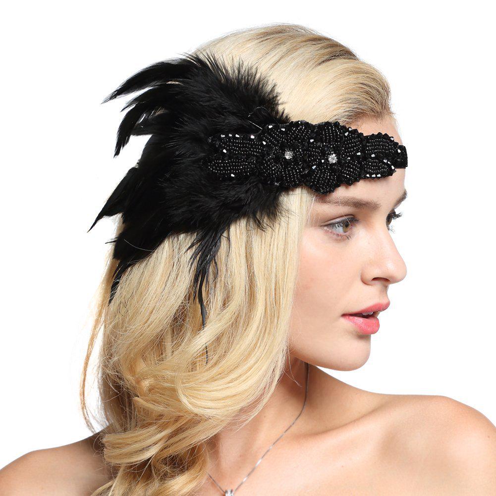 1920s Gatsby Feather  Rhinestone Headband for Costume Parties