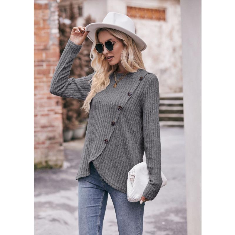 YYFS Damenmode, lässig, Frühling, Herbst, einfarbig, bedruckt, langärmelig, O-Ausschnitt, Blusen und Hemden