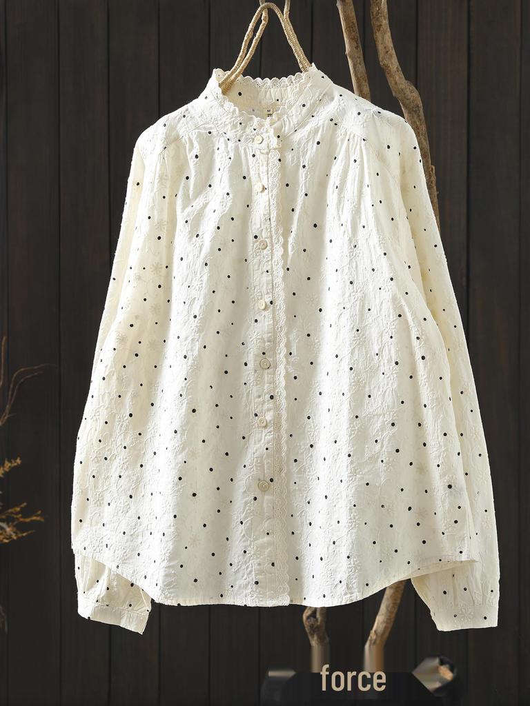 Women's Spring 2026 Polka Dot Lace Collar Cotton Shirt with Embroidered Jacquard Design