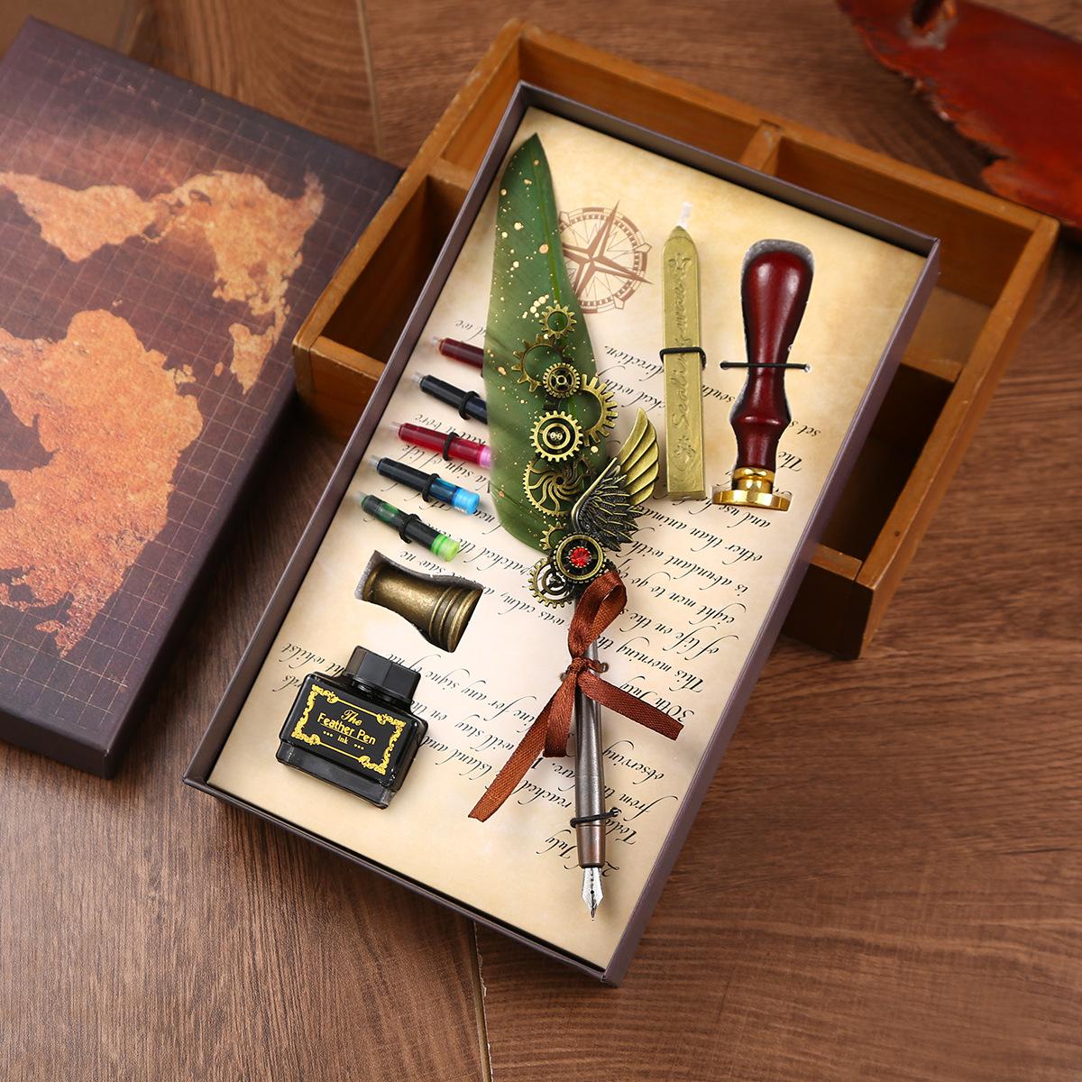 

Vintage Gifts Academy Pen Set Ink Bag Fire Paint Seal Feather Pen Gift Box Set Creative Steel 0.5mm