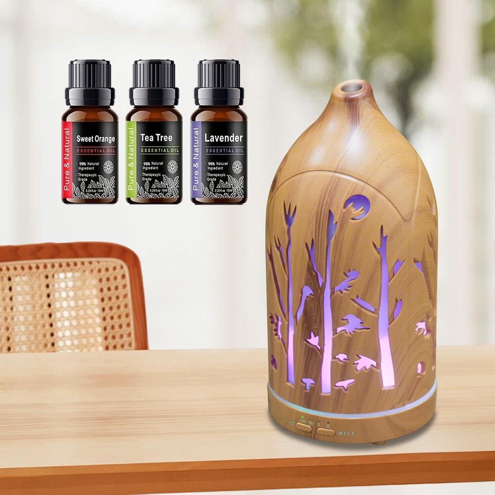

Light Wood Tree Hollow Out Essential Oil Diffuser 7 Colors Lights Auto Shut-Off Ultra Quiet Humidifier Includes 3 Bottles Oil 200ml