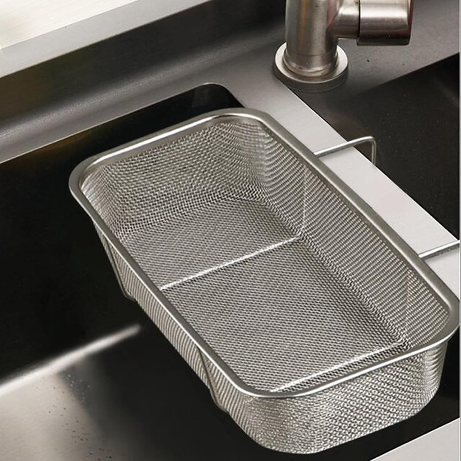 

Silver rectangular stainless steel corner hanging sink filter basket, for food residue filtering & fruit/vegetable washing