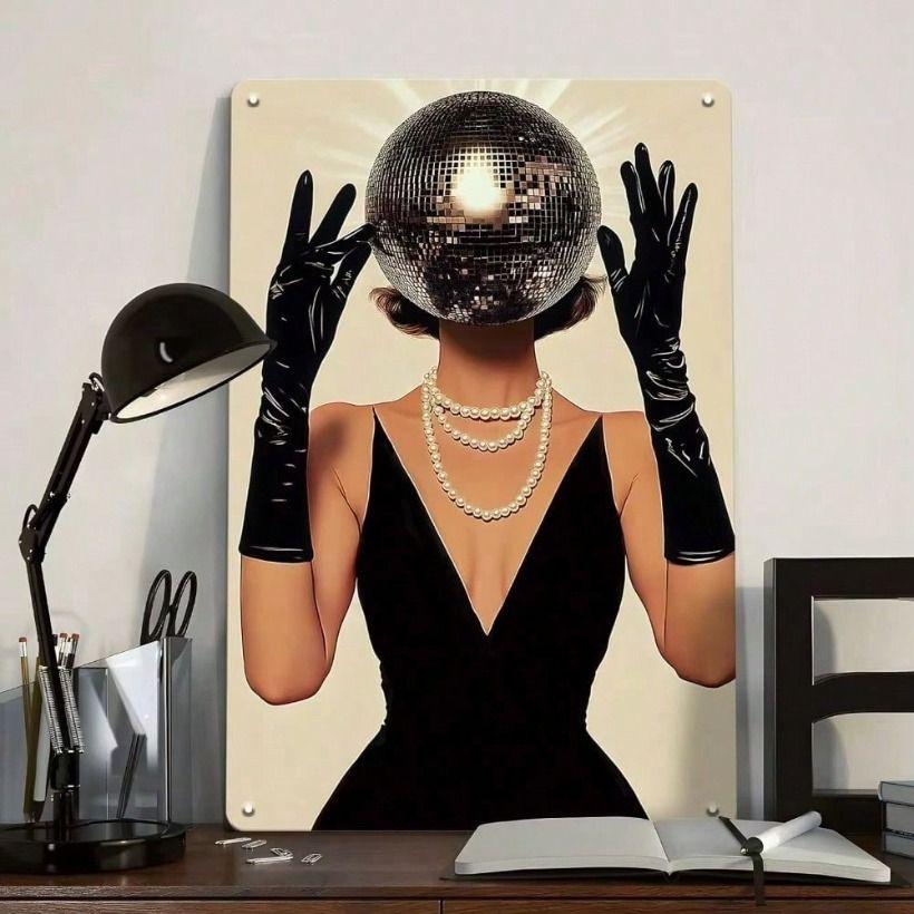 Vintage Retro Metallposter Disco Girl Tanzt Discokugel Wandkunst Heimdekoration