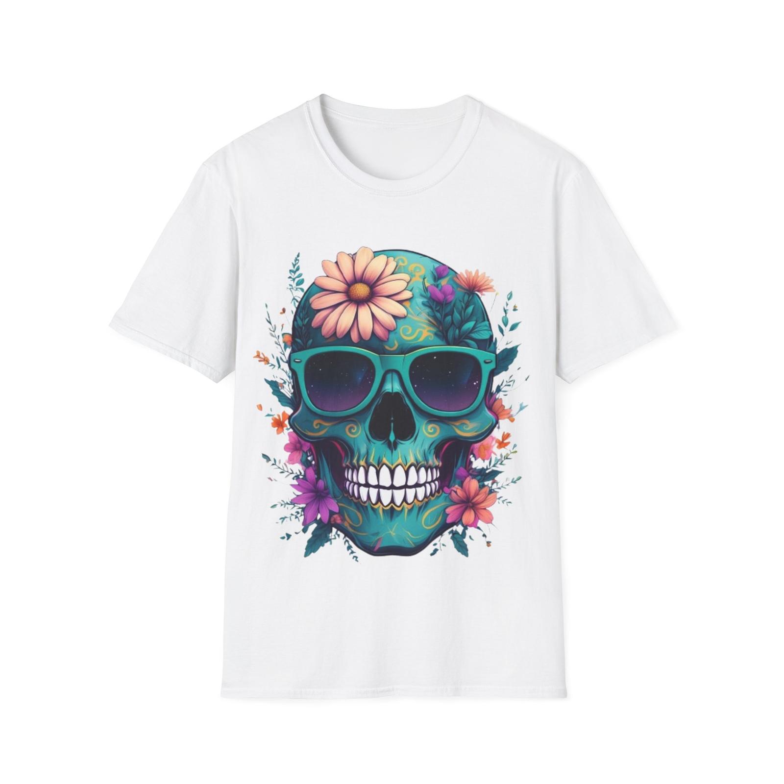 Skull Glasses Flowers Unisex Softstyle T-Shirt, Graphic Tee, Hipster Shirt, S