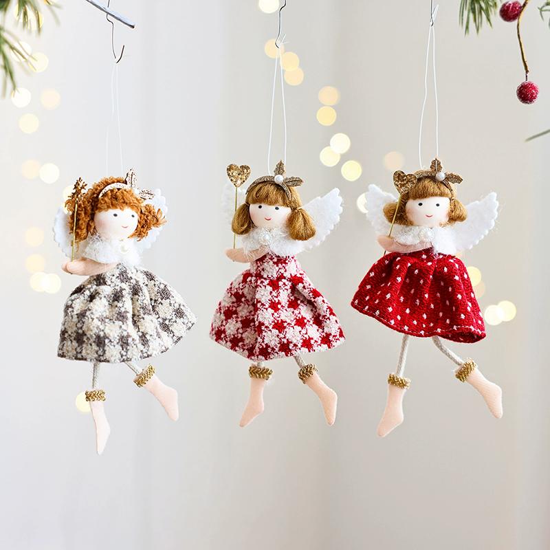 WTEMPO Christmas Angel Girl Doll Decorations Christmas Tree Hanging Ornaments Plush Checkered Skirt Pearl Headwear Doll Pendants Festive Party Gifts