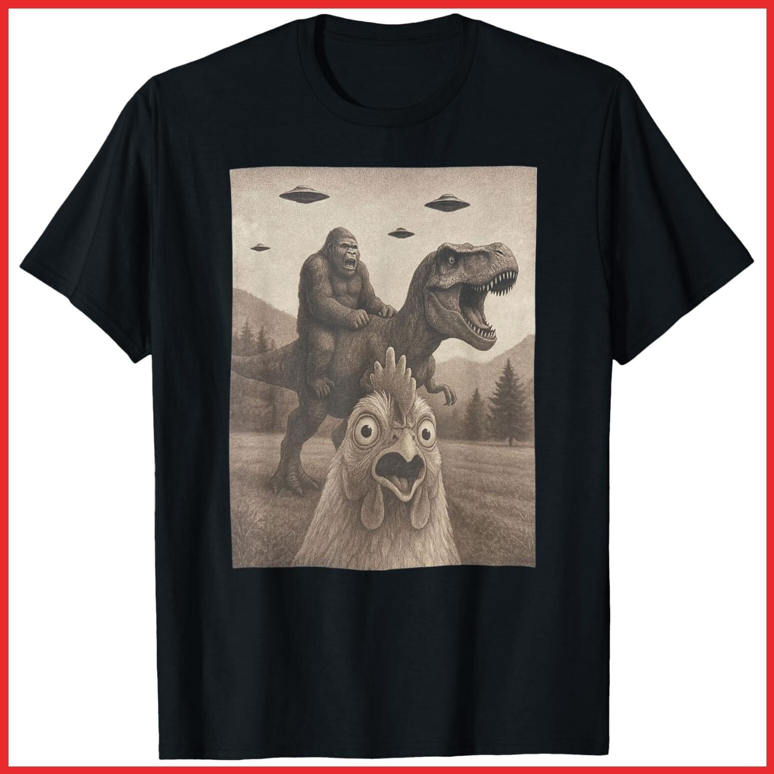 Funny Chicken Selfie Bigfoot Riding T-Rex Black Cotton T-Shirt S-5XL S