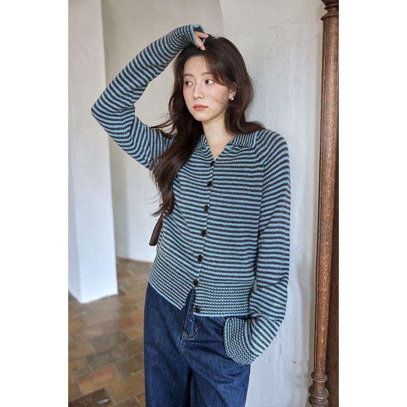 Korean Style Striped Long Sleeve Knitted Cardigan - Petite Unique Exquisite Autumn 2025 Collection