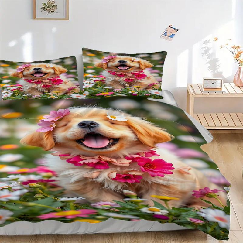 

3PCs Puppy Flower Crown Design Cover Set, Breathable Fabric(1 Duvet Cover + 2 Pillowcases) (Without Quilt) yy250911202 135x200cm