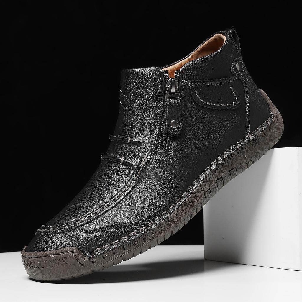 Men's Plus Size Zipper Martin Ankle Boots - Outdoor Casual Flat Sole Hand-Stitched Short Boots