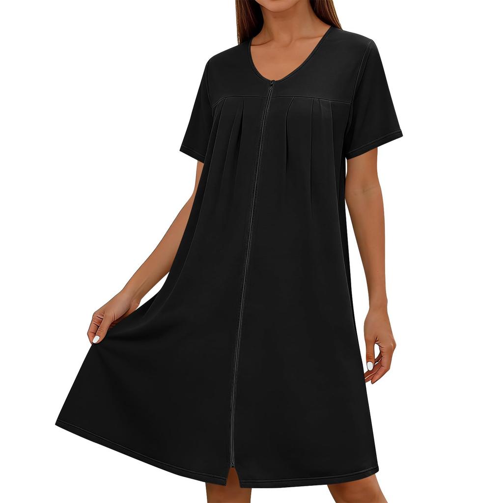 Women Short Sleeve Round Neck Zip Front Loose Fit Nightdress with Pockets Casual Home Lounge Dress Comfortable Design