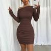 Solid Color Slim Dress Autumn New Oblique Shoulder Long Sleeve Hip Skirt