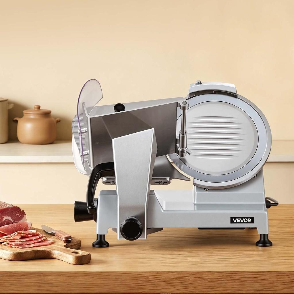 Commercial Meat Slicer, 240W Electric Deli Food Slicer with 250mm Carbon Steel Blade, Built-In Sharpener & 0-12mm Adjustable Thickness for Frozen